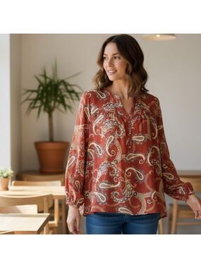 DR 2 FaLL flowy boho blouse paisley large V Scoop Neck Flowy Comfy Lightweight